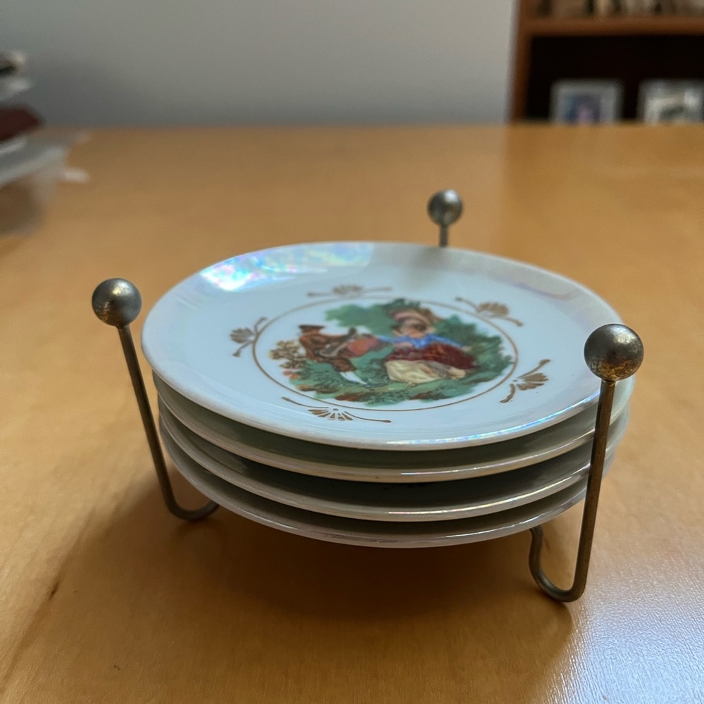 Vintage Set of 4 Small  4"  Decorative Porcelain Plates & Stand made in  Germany
